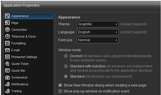 eSignal Appearance Menu